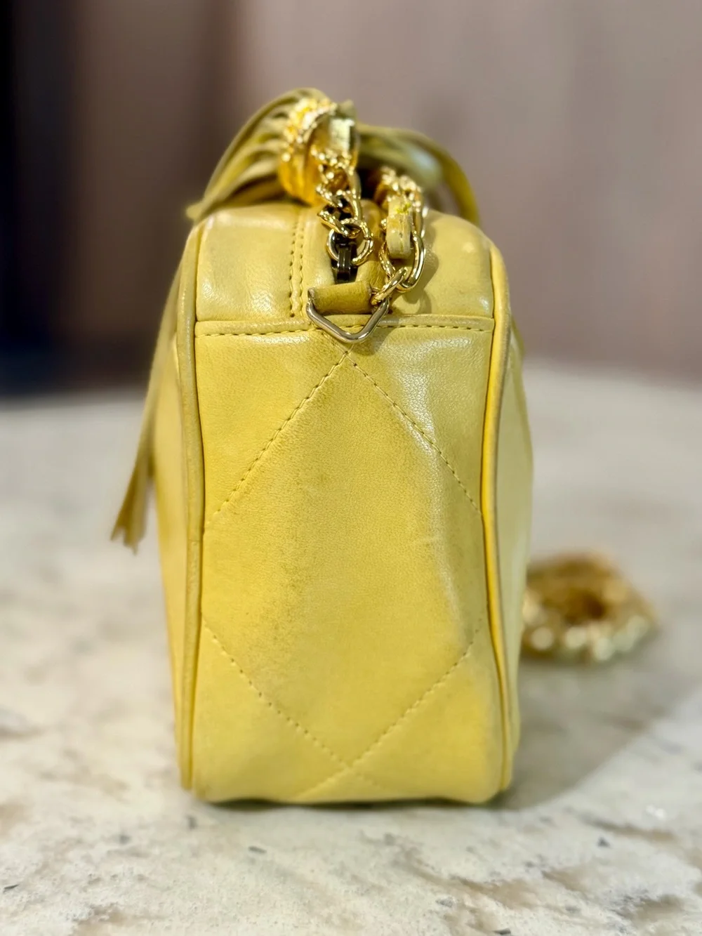 Authentic Vintage Chanel Yellow Lambskin CC Camera Bag 24K Gold Tassel